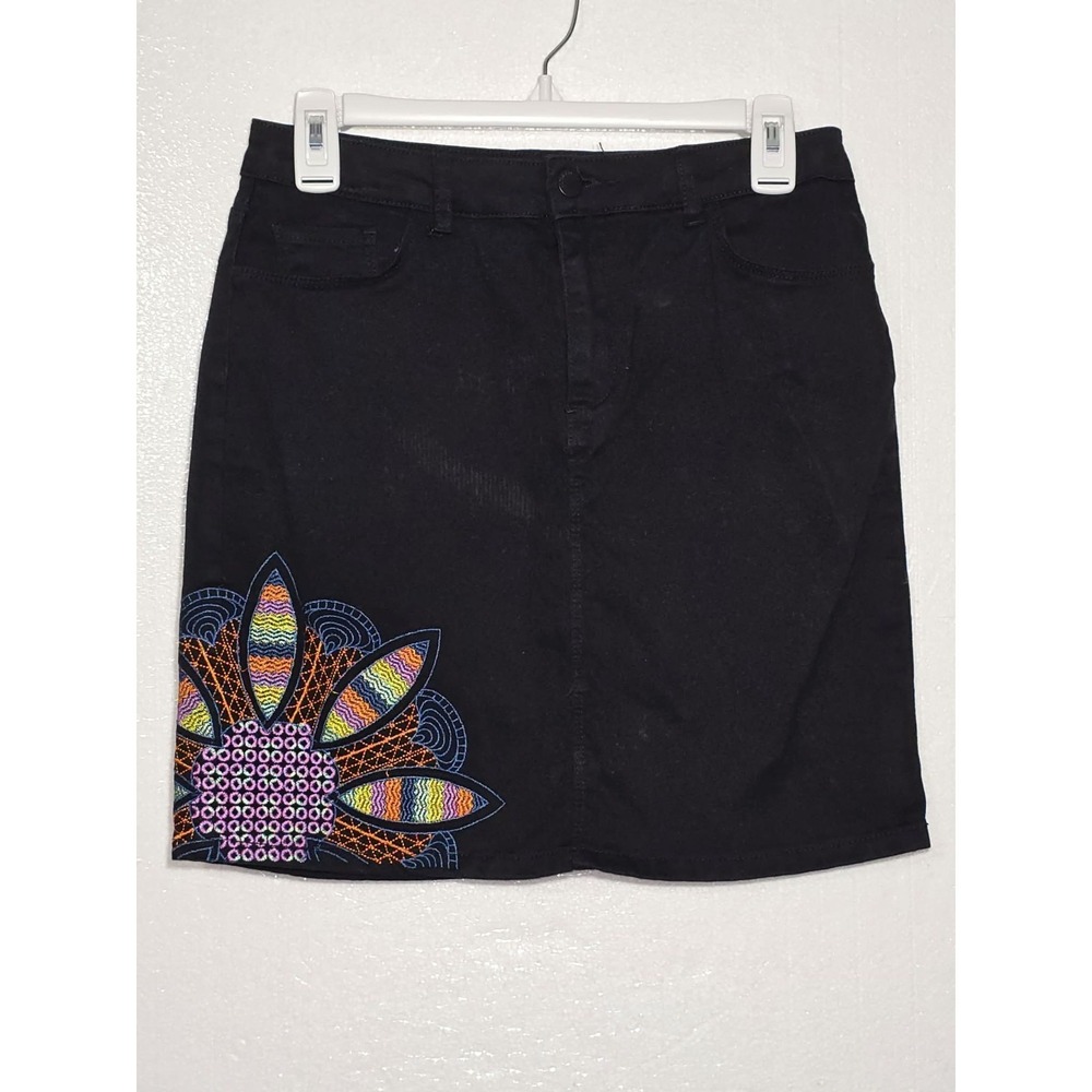 Black Denim‎ Embroidered Mini Skirt Size 38 Boho Y2K Festival Chic EUC